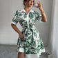 Simplicity Waist-controlled Printed Lace Up Short Sleeve Dress