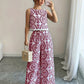 Plant-patterned Crew-neck Sleeveless Top And Wide-leg Pants Set With A Printed Design