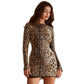 Round Neck Leopard Print Sequin Long Sleeve Dress
