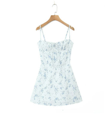 Seaside Holiday Floral Strap Back Cross Tied Slim Fit Fishbone Mini Dress