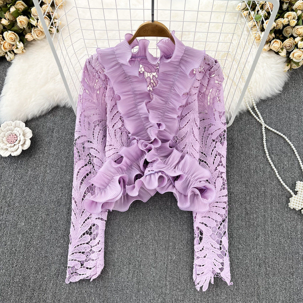 Retro Temperament V-neck Ruffled Lace Top