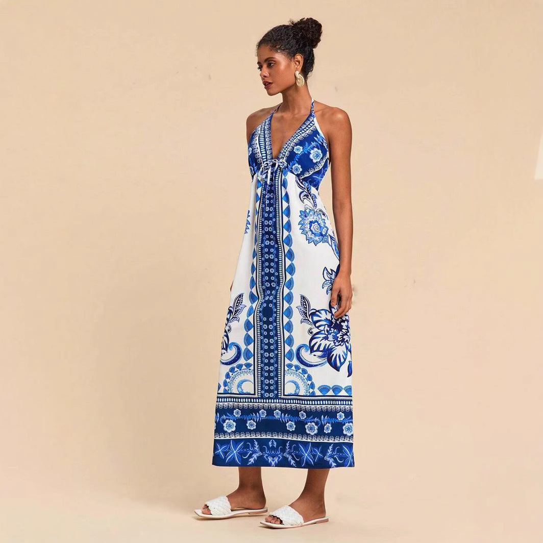 Womens Woven Printed Backless Halter Maxi Dress For Vacation