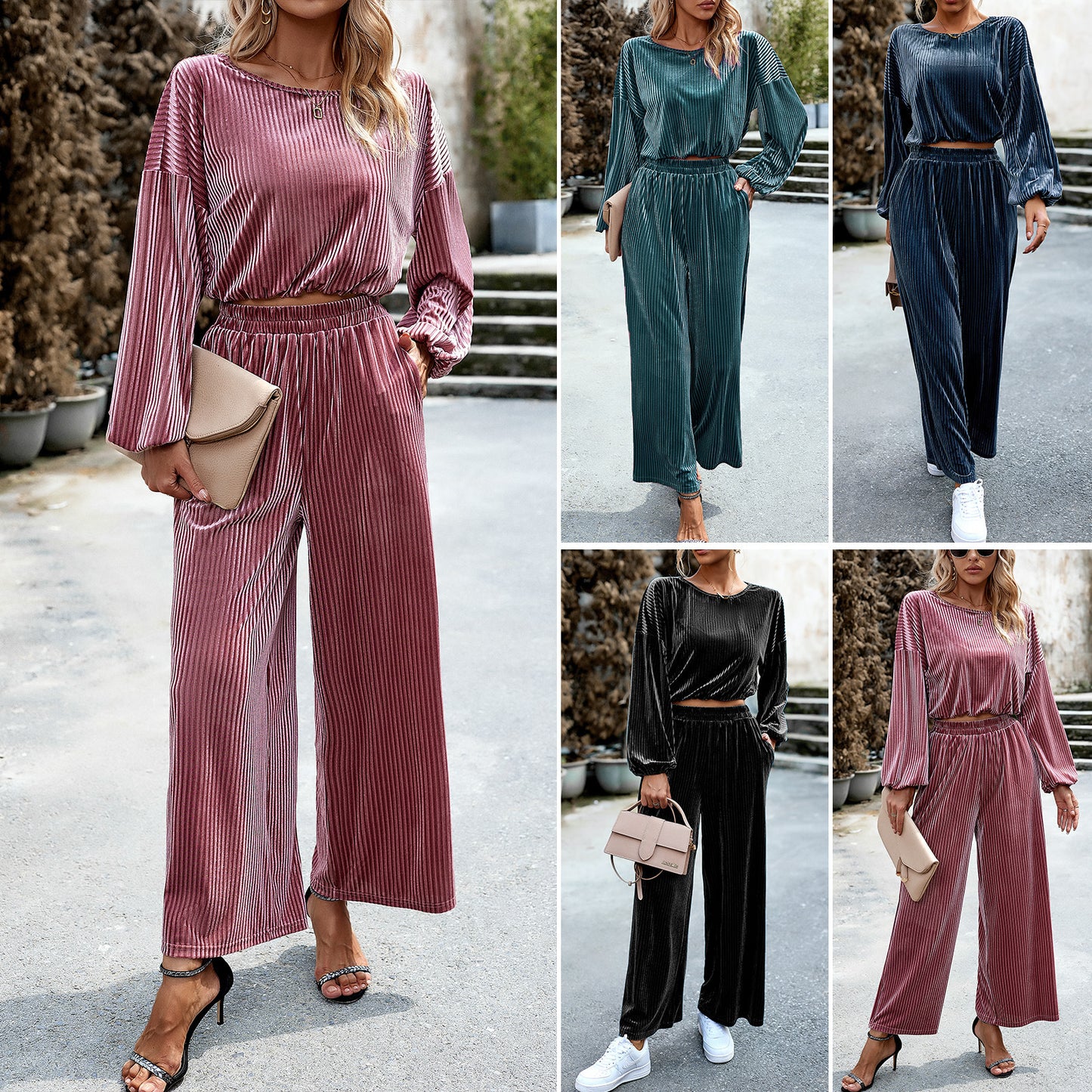 Costume décontracté en velours de couleur unie pour femme
