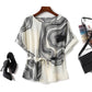Retro Abstract Print Waist Trimming Loose Women's Short-sleeved Chiffon Shirt