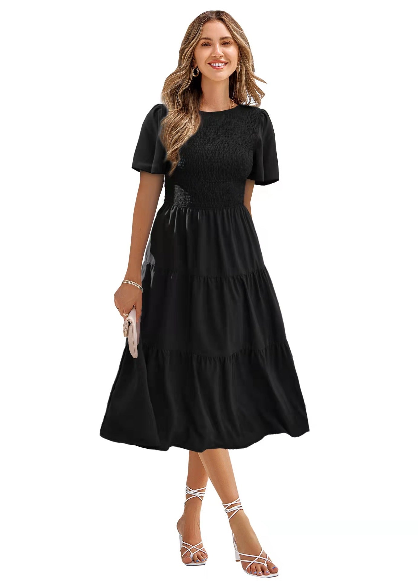 Robe de vacances à smocks et col rond, printemps et été