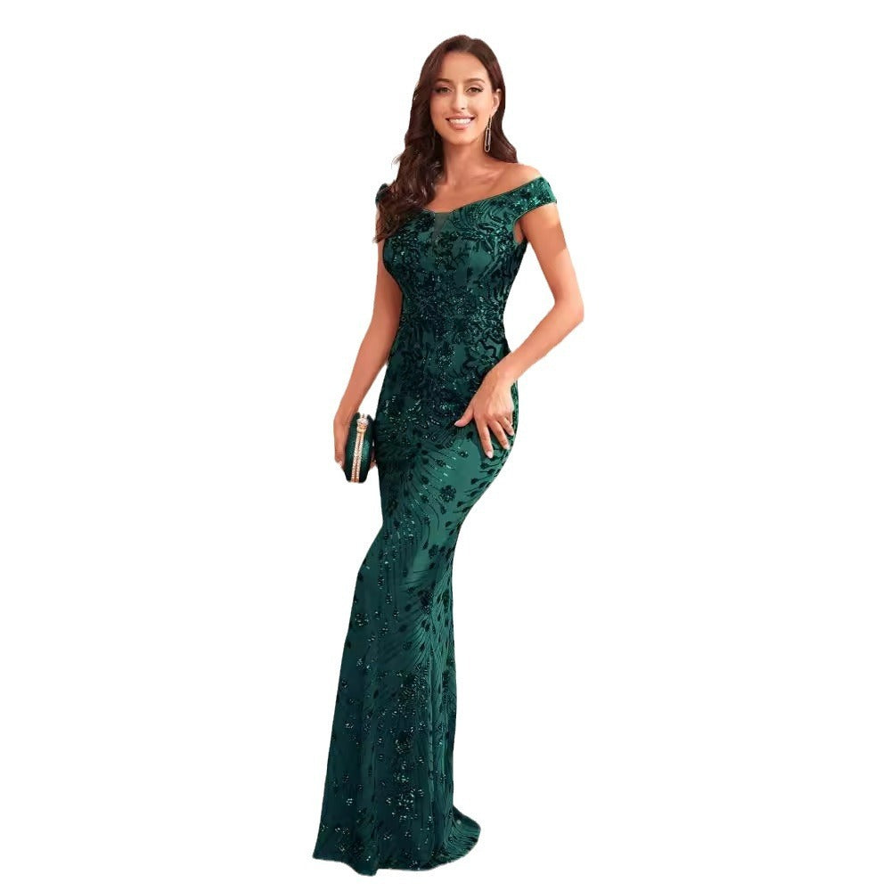 Green Sequined High Waist Fishtail Long Evening Dress