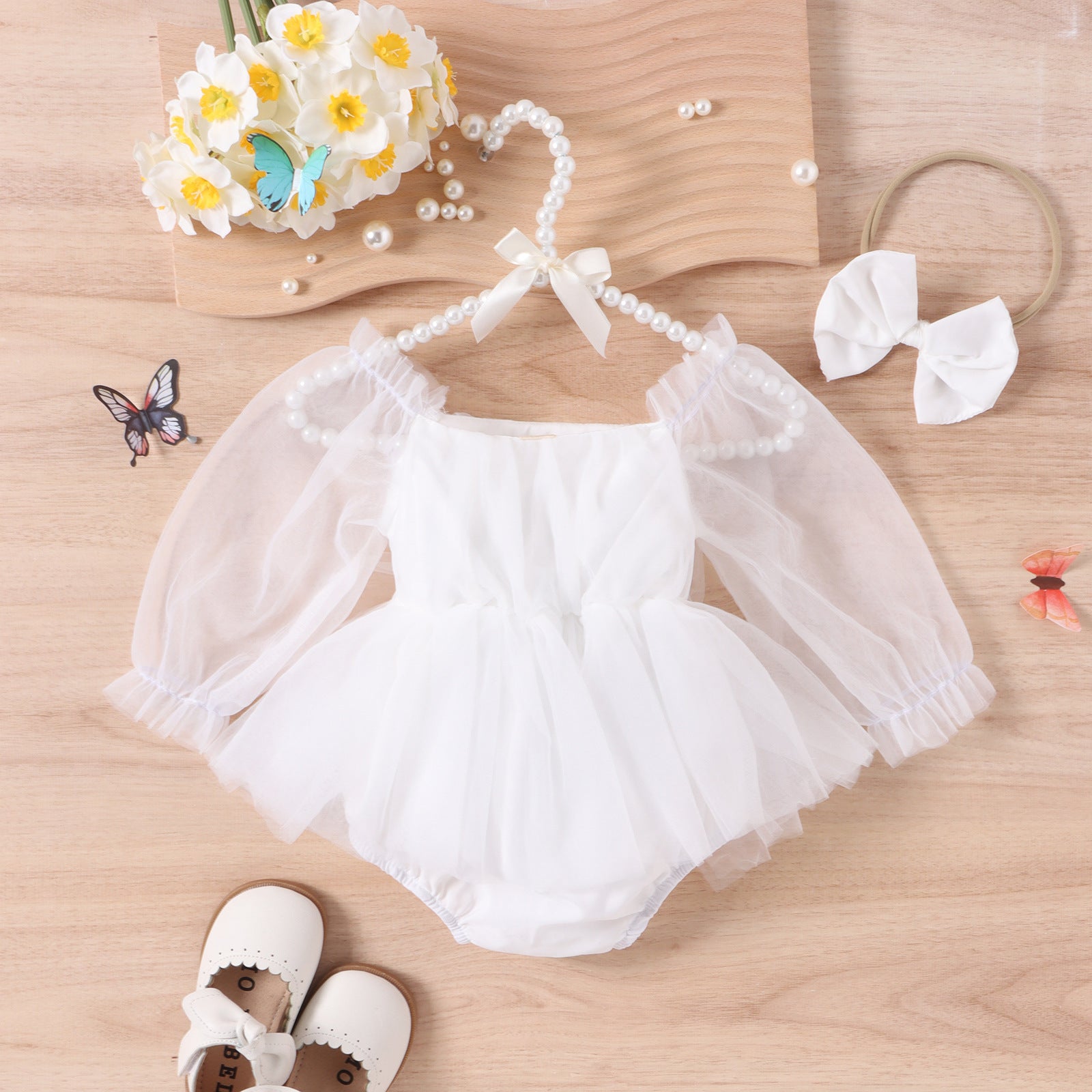 Mesh Long Sleeve Tied Gauze Skirt Triangle Adjustable Crotch Bottom-covering Rompers