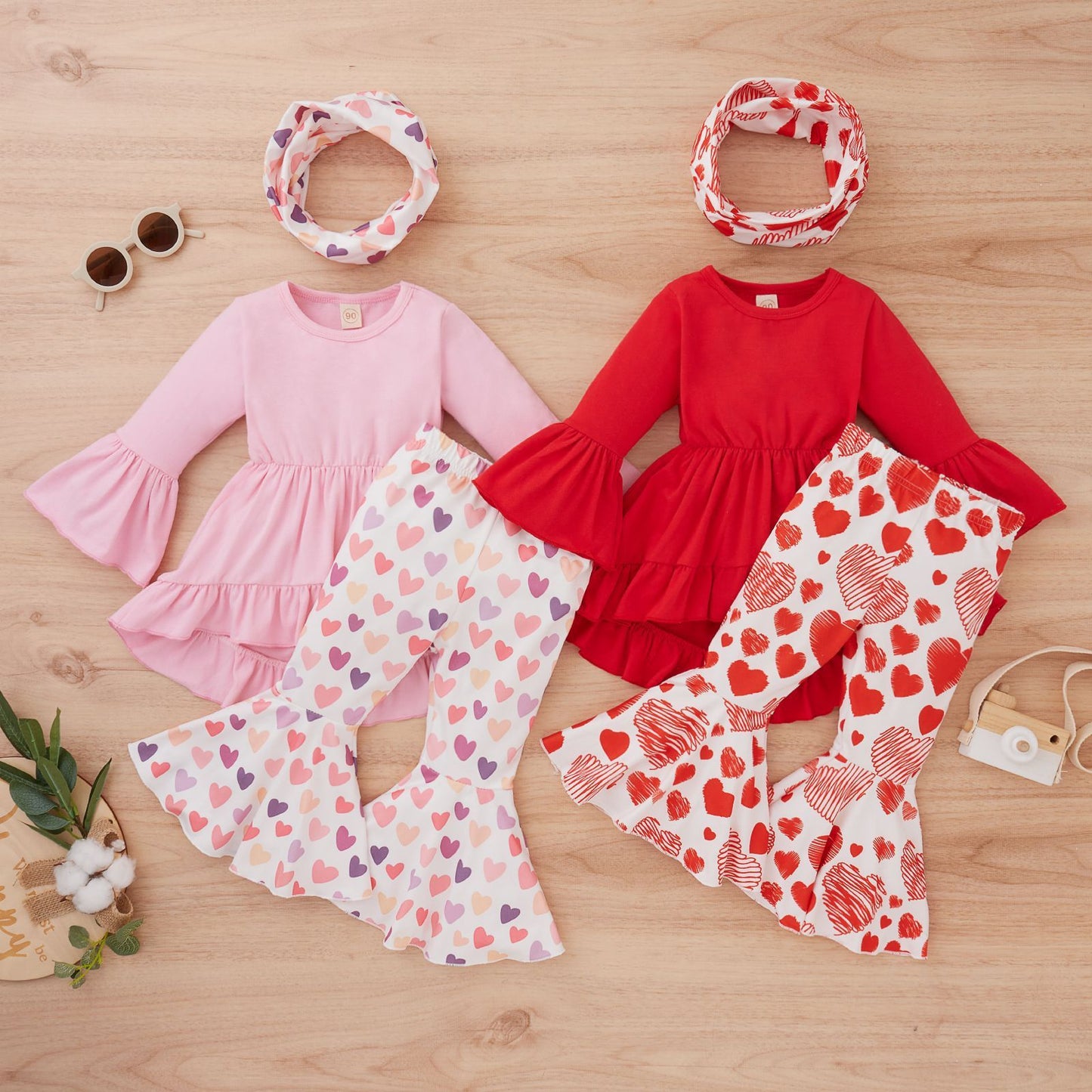 Girls Big Skirt Hem Top Shorts Hair Band Three-piece Suit