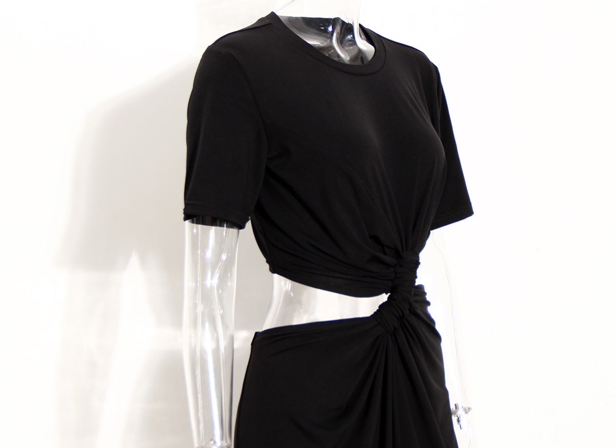 Spice Girl Waisted Long Dress Cold Wind Slim Kink Hollow Pleat Loose