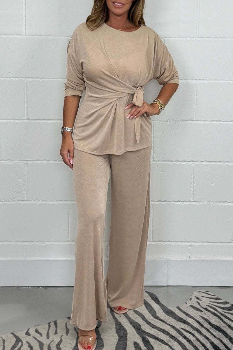 Amazon Europe And America Cross Border 2024 Fall Women's Clothing Solid Color Casual Fashion Lace-up Long Sleeve Top And Trousers Suit