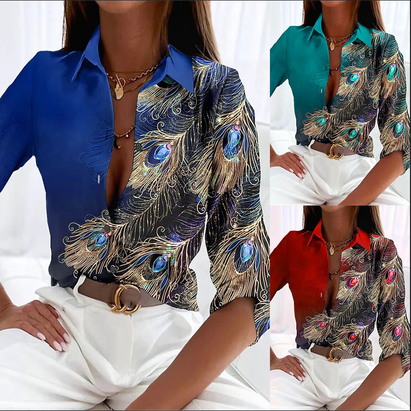Jewel Feather 3D Digital Printing Long Sleeve Shirt