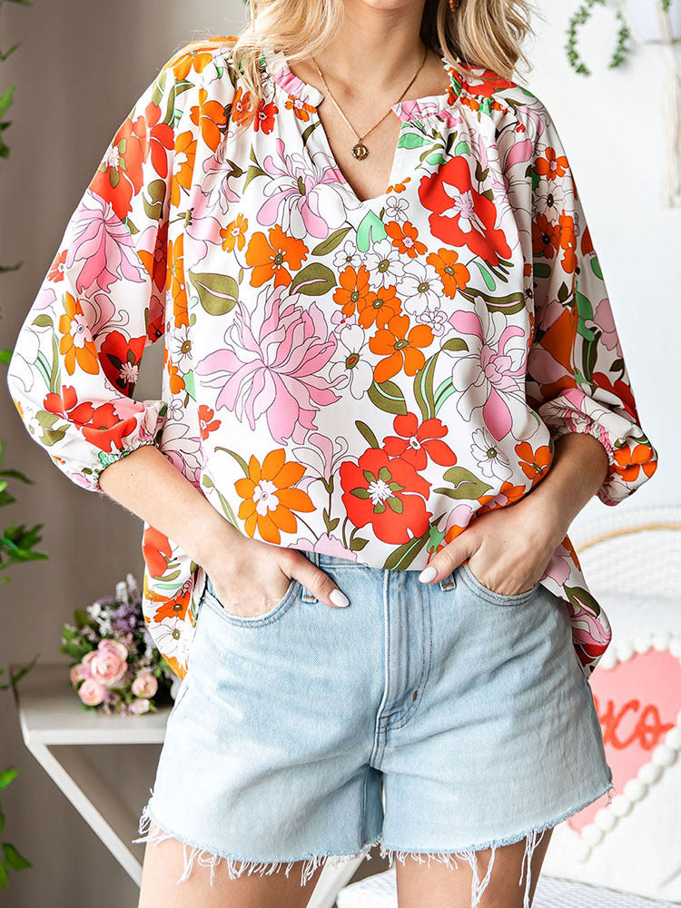 Women's Ruffled Collar Colorful Flowers Ruffled Shirt Top
