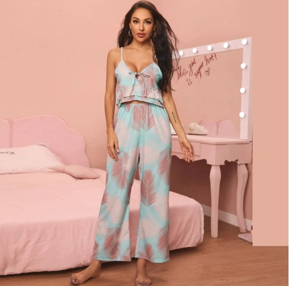Ensemble de pyjama confortable à col en V et imprimé écharpe