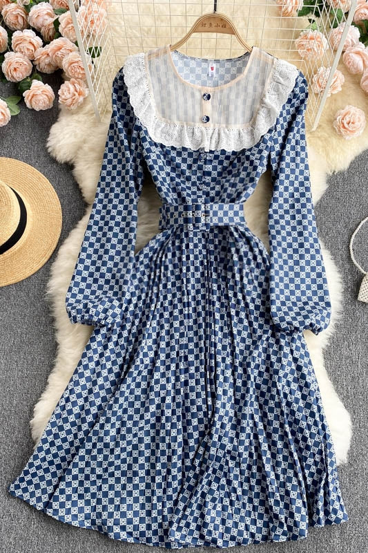 Women's Plaid Skirt Slim Mid-length Puff Sleeve Palace Style Dress