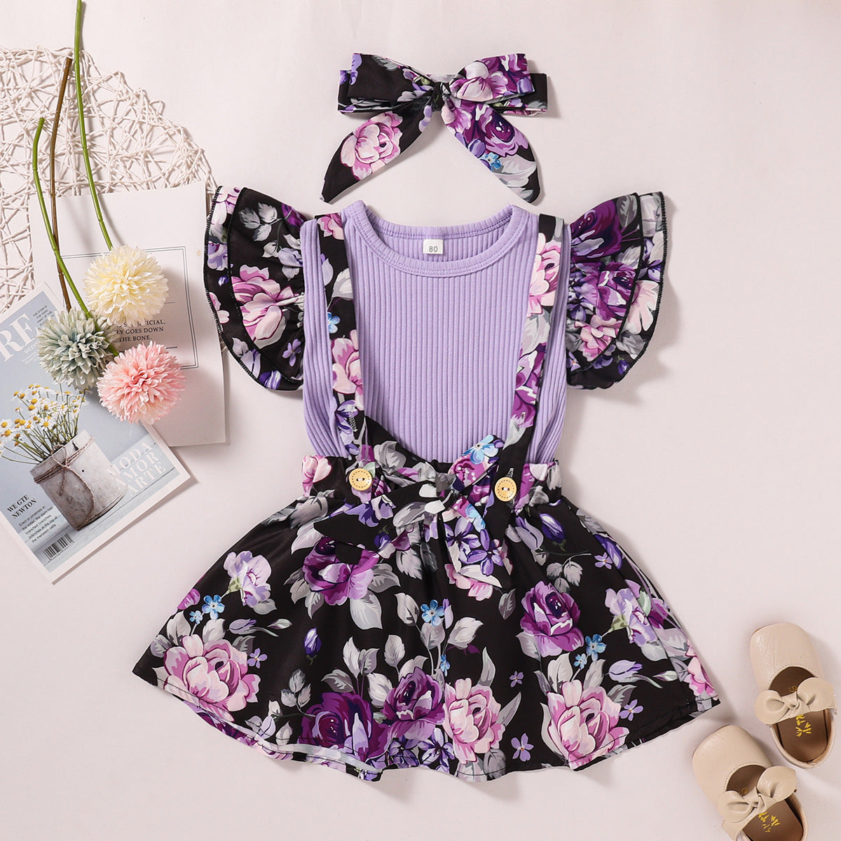 Ensemble jupe pour fille, t-shirt à manches courtes en coton rayé, jupe à bretelles imprimée trois pièces