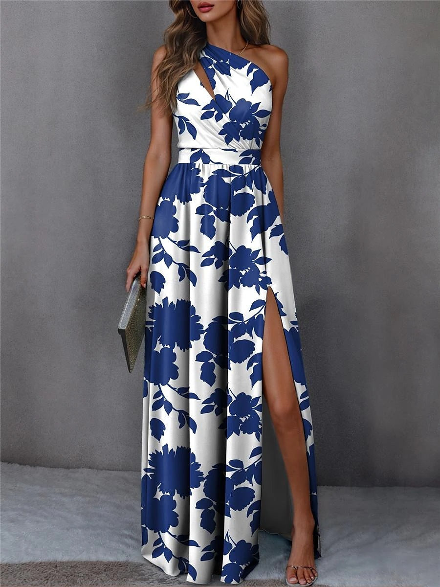 Robe élégante fendue sans manches à épaules inclinées et taille haute