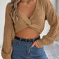 Knot V-neck Lantern Sleeve Midriff-baring Sweater