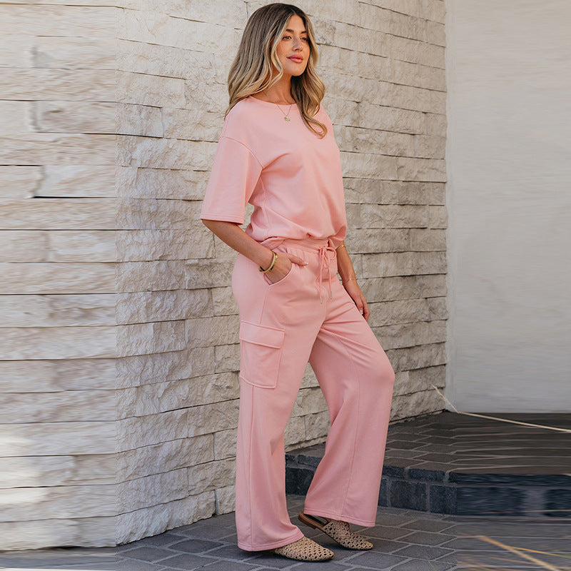 Spring And Summer New Solid Color Short Sleeve Two-piece Set Women's Casual
