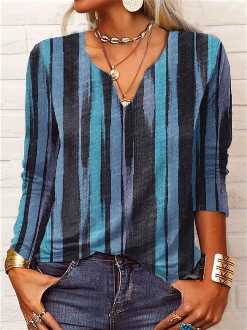 Women's Fashion Simple Loose Long Sleeve Striped V-Neck Bottom Shirt