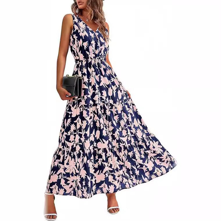 Robe imprimée à col en V et taille élastique pour femme