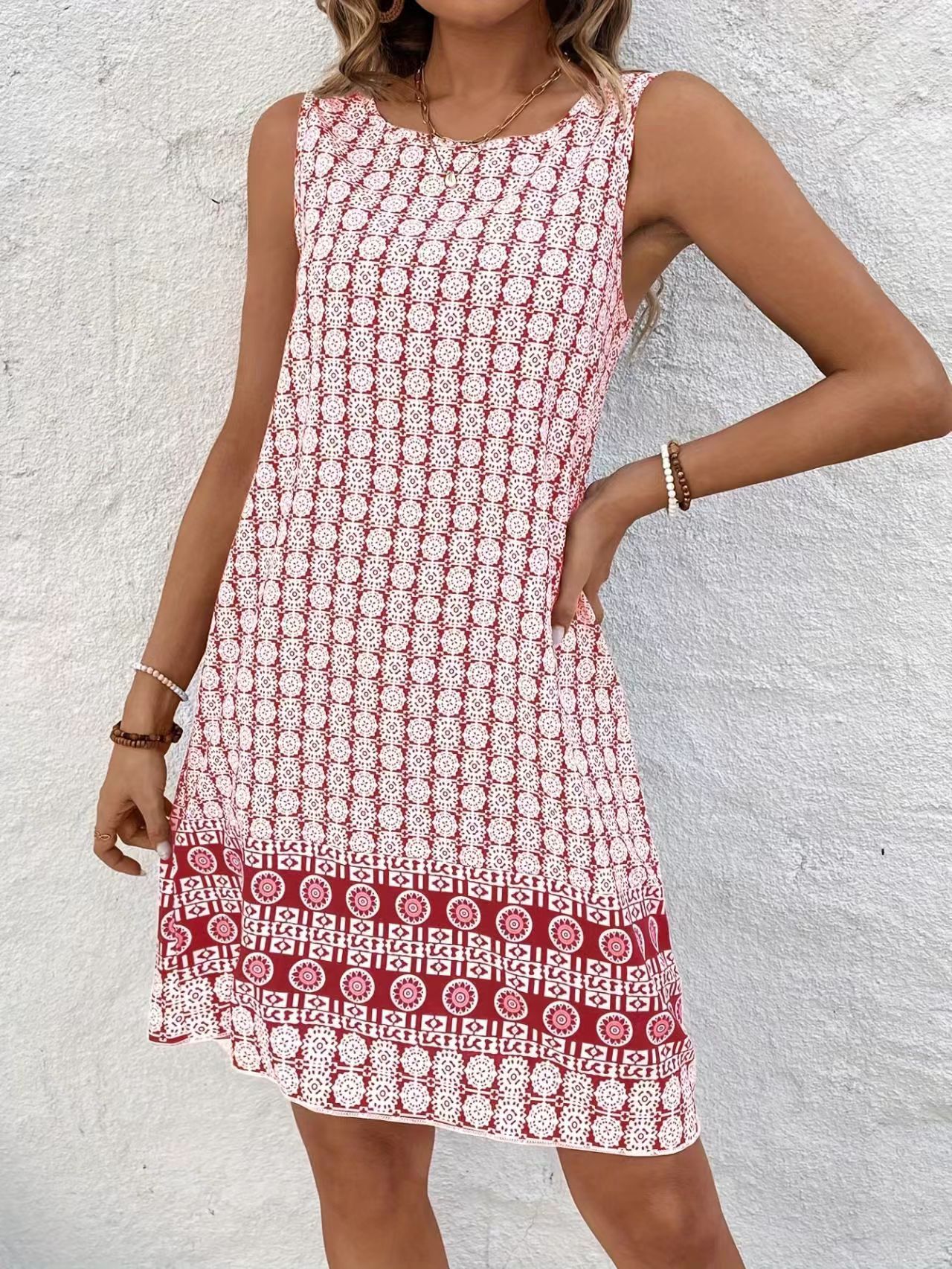 Retro-printed Sleeveless Crew-neck Casual Resort Dress