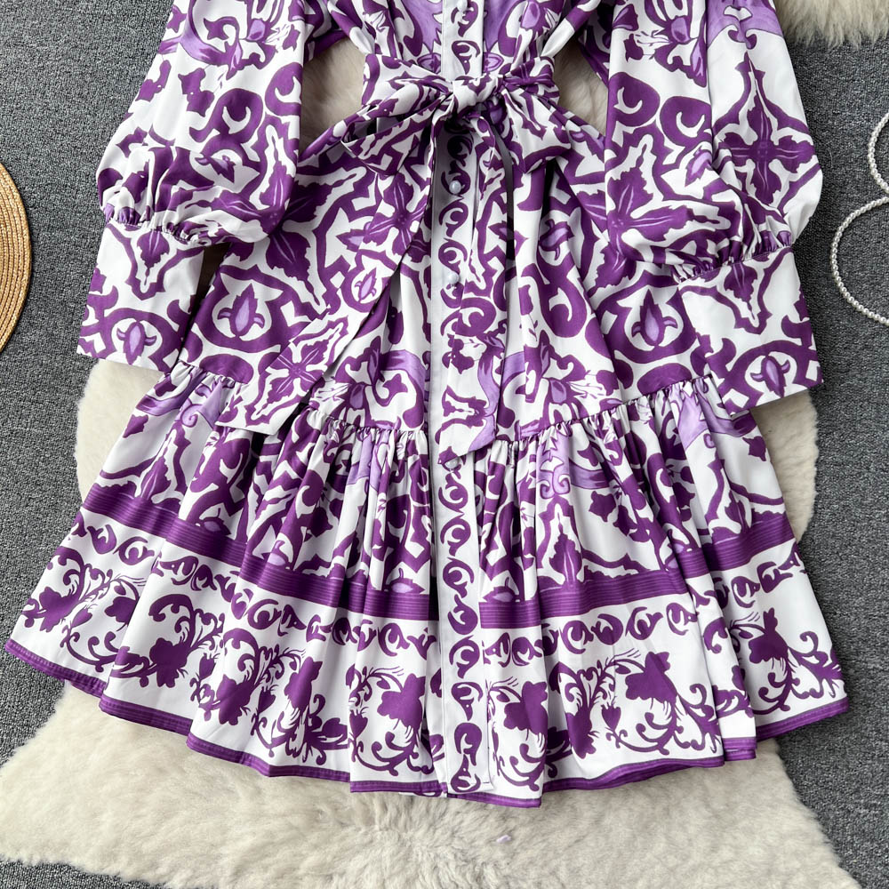 Single-breasted Ruffled Printed Dress