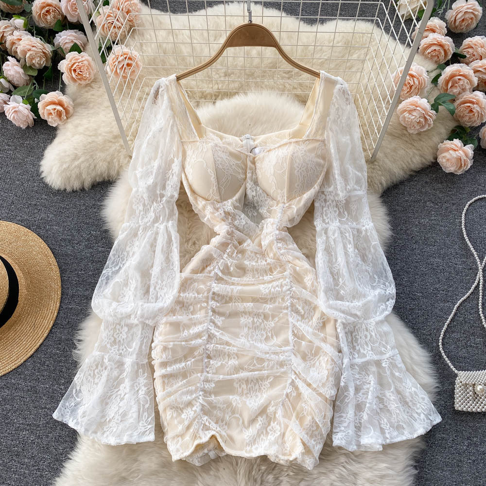 Women's Temperament Square Neck Lace Perspective Lantern Sleeve Waist Bag Hip Dress