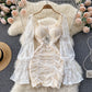 Women's Temperament Square Neck Lace Perspective Lantern Sleeve Waist Bag Hip Dress