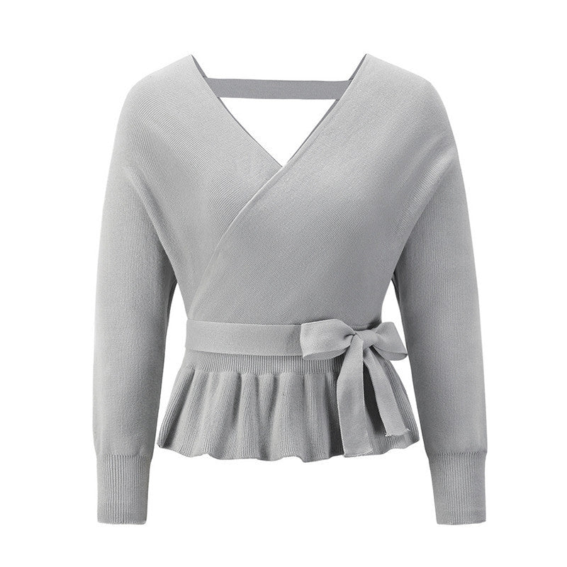 Ladies Autumn Winter Short Pullover V-Neck Knitted Top