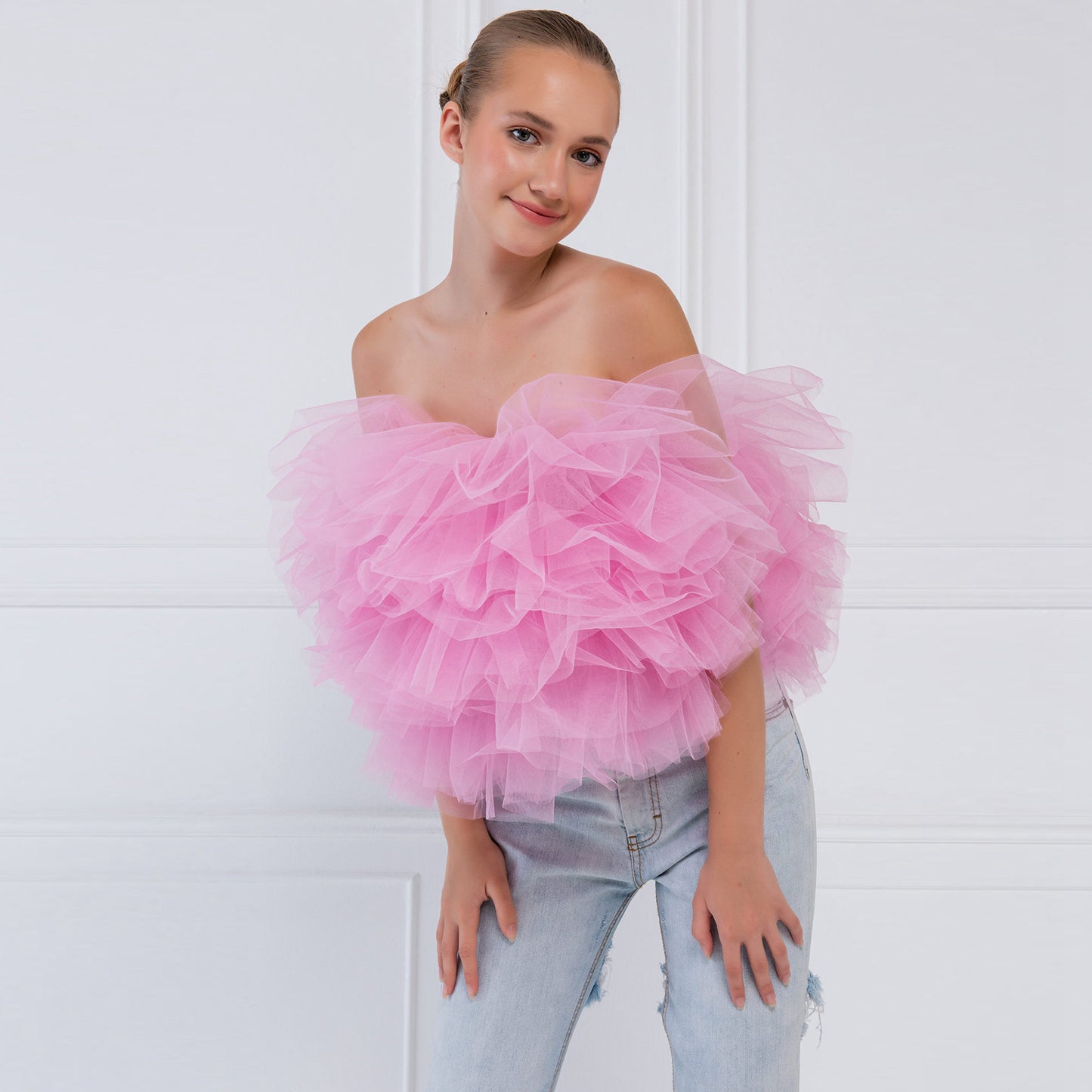 Ladies Fashion Mesh Slip-Neck Puff Top