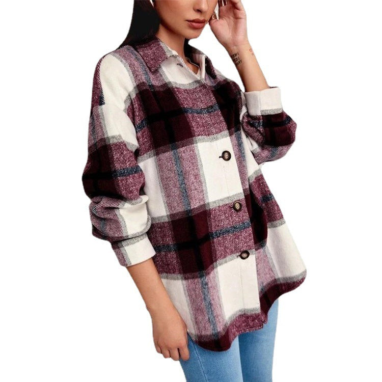 Women's Autumn And Winter Loose Lapel Long-sleeved Plaid Shirt Coat