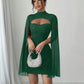 Round-neck Ribbed Pearl Chiffon Cape Bodycon Dress