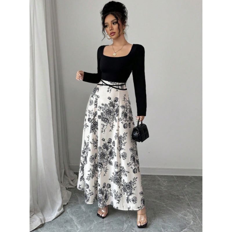 Women's Printed Square-Neck Patchwork Lace-Up Dress