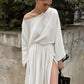 Cotton Round Neck Long Sleeves Short Top Slit Skirt Suit