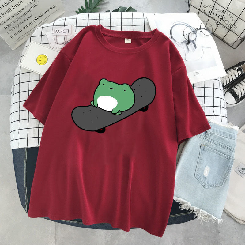 T-shirt col rond à manches courtes et col rond pour femme, vêtement simple et mignon, style grenouille, haut ample et amincissant, été