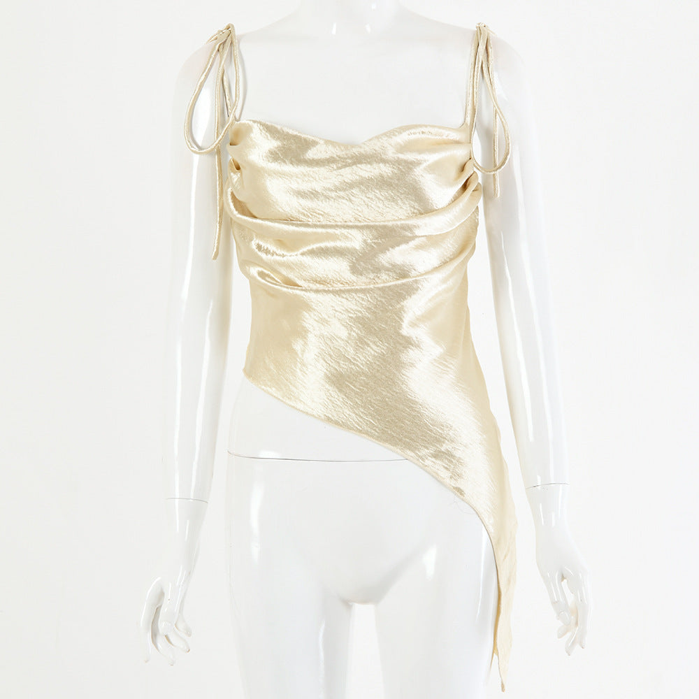 Sling Solid Satin U-Neck Bow Irregular Backless Top