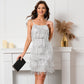 Robe de cocktail à bretelles pailletées et à pompons, robe de soirée, jupe courte