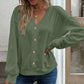 Women's Solid Color Buttons V-neck Loose Long-sleeved T-shirt