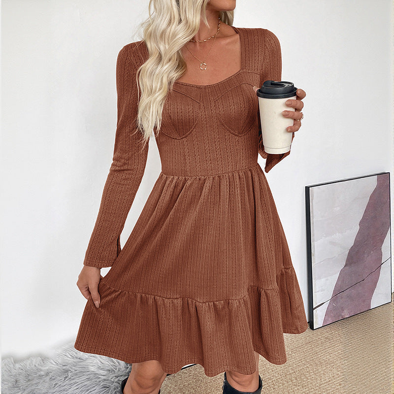 Trimming Knitted Solid Color Square Collar A- Line Dress