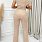 Neck Split Hem Ruched Top & Flare Leg Pants