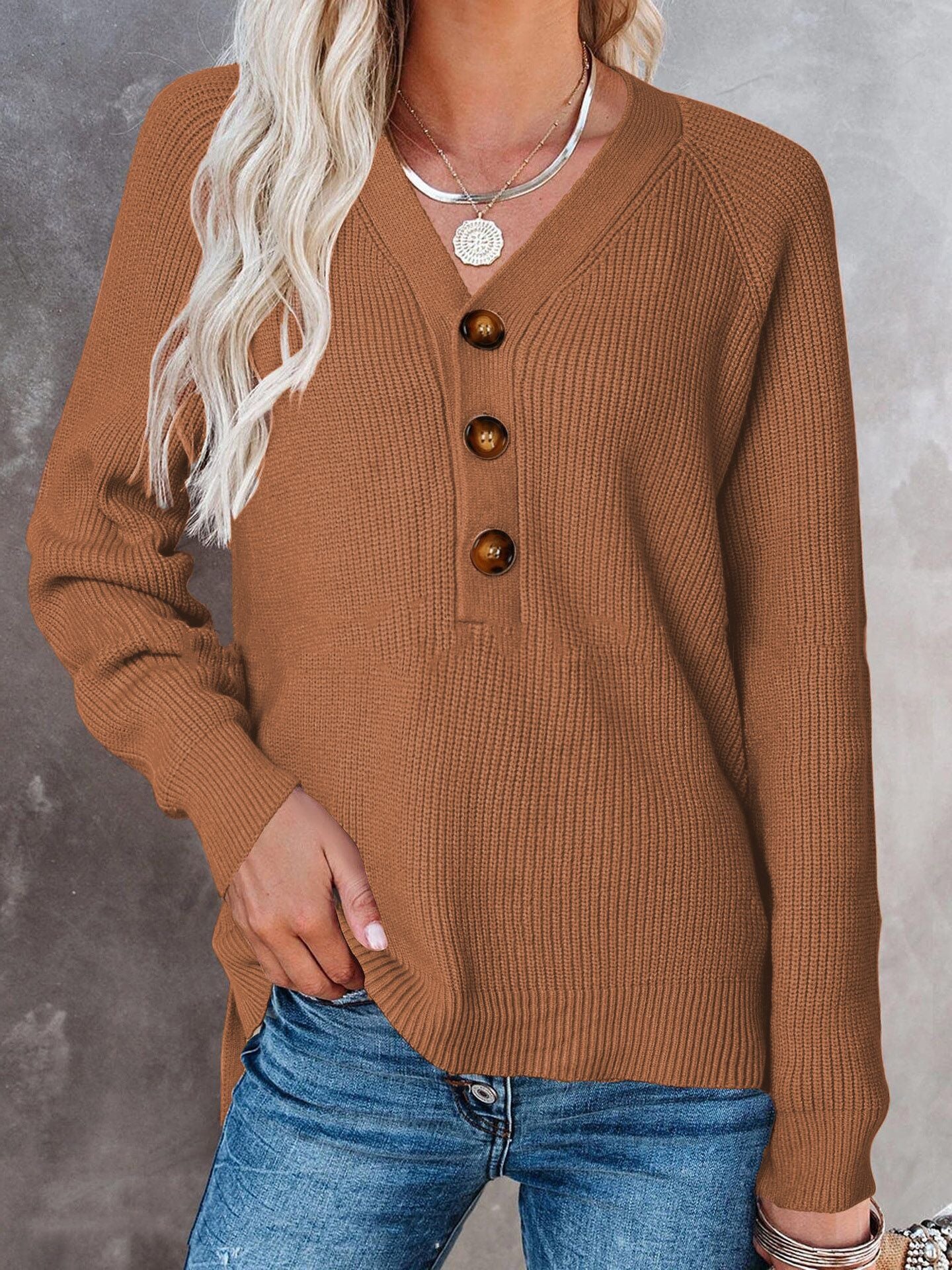New Button New Knitted V-neck Sweater Women
