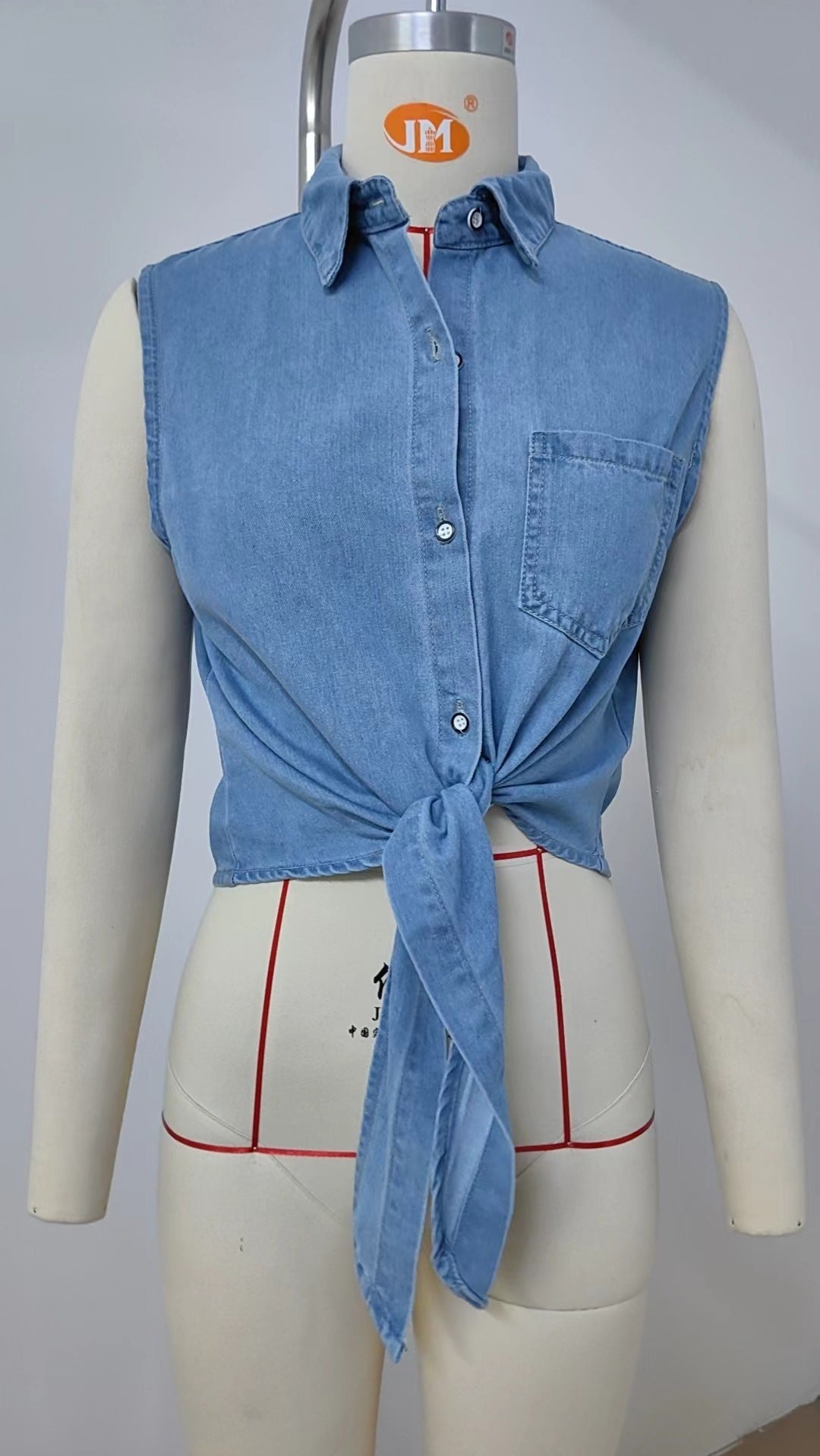 Washed Denim Thin Lace-up Shirt Short Top