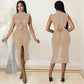 Fashion Mesh See-through Rhinestone Hollow Split Dress Women's Clothing