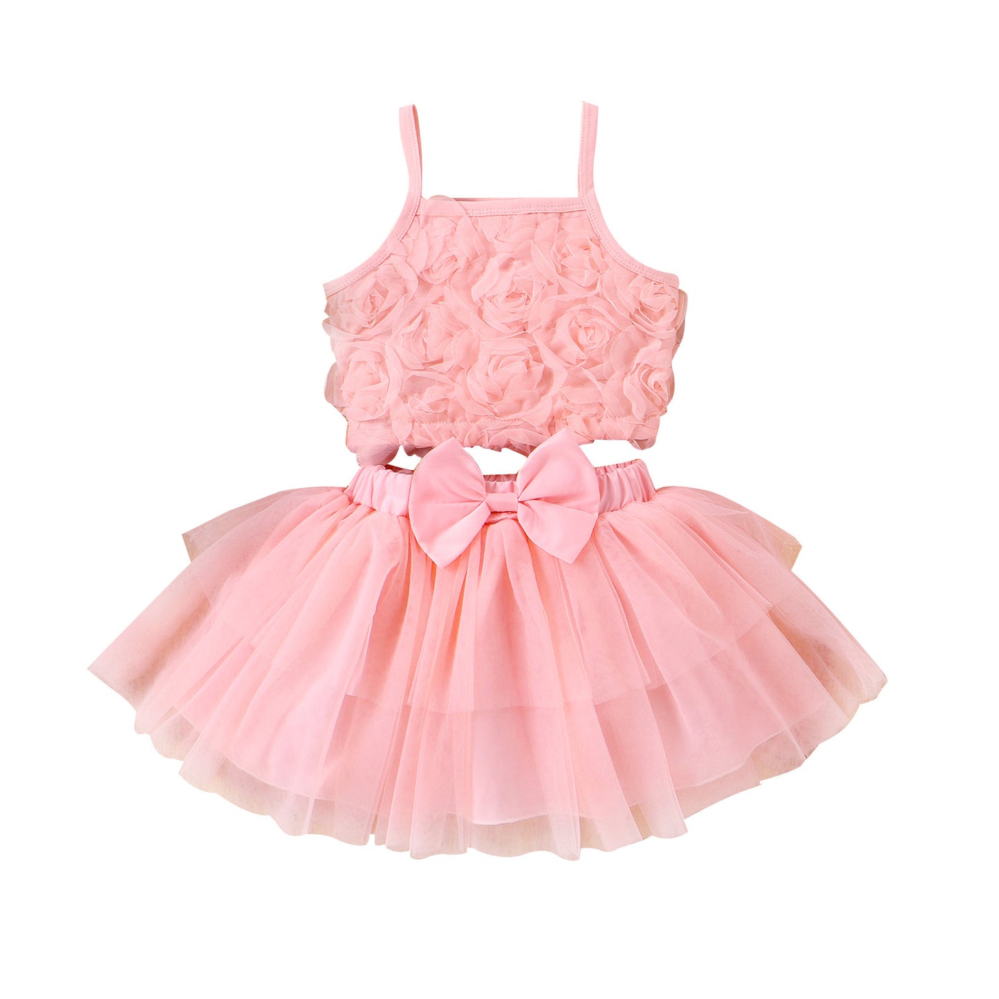 Girl Flower Strappy Bow Mesh Skirt Suit