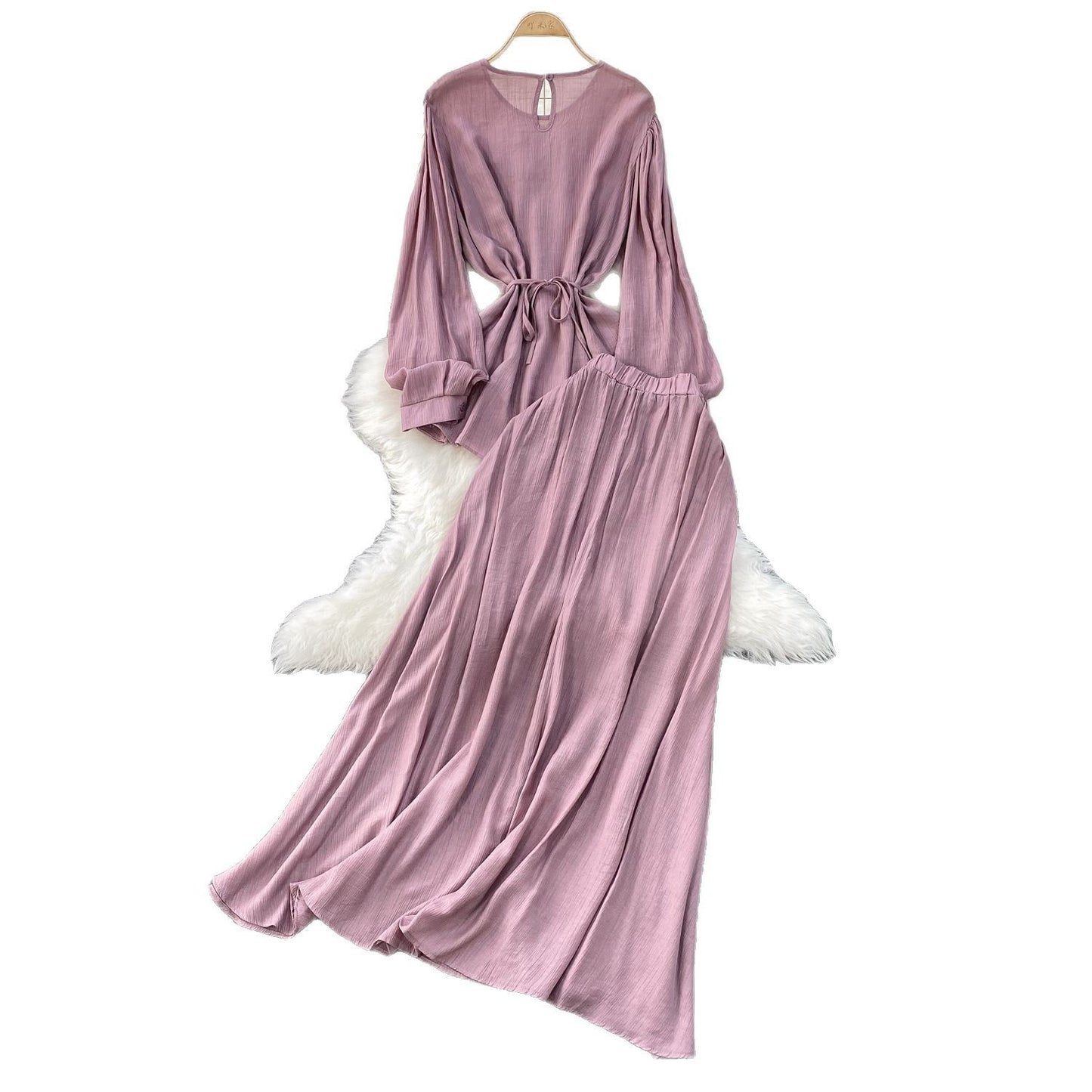 French Style Women's Temperament Twinset Design Sense Lace-up Waist-controlled Fashionable Long Sleeve