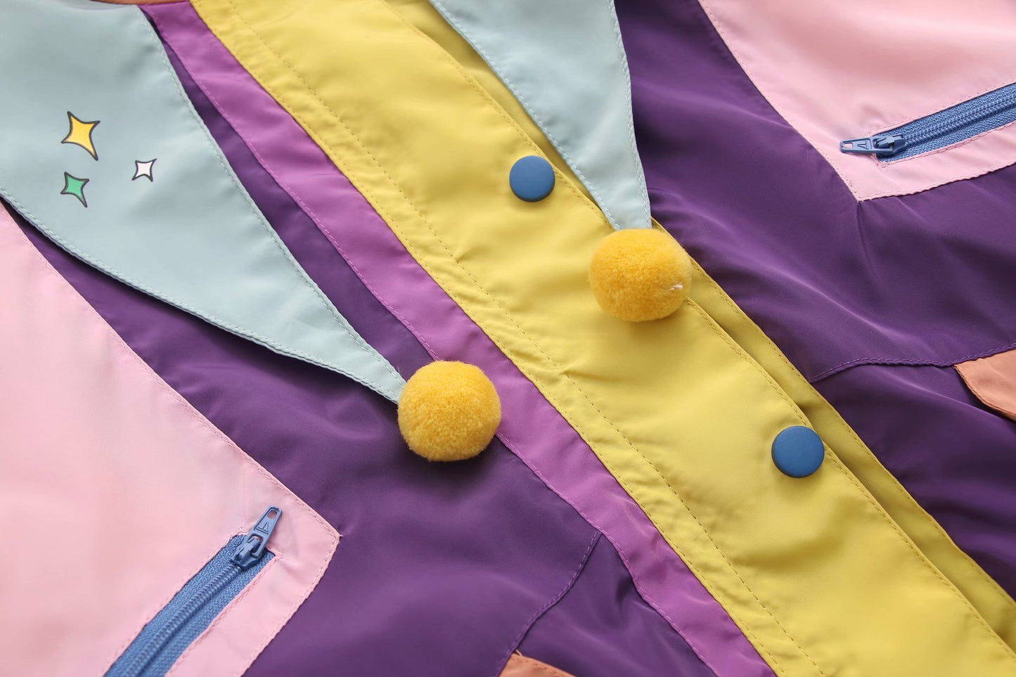 Pointed collar fur ball childish cute color block jacket
