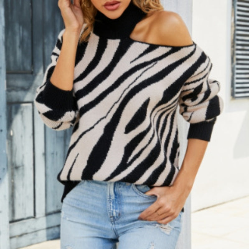 Pull à col mi-haut et manches longues à motif tigre Pull à épaules dénudées