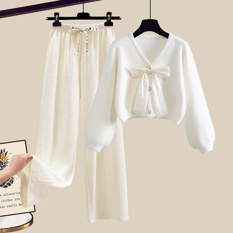 Soft Glutinous Bow Cardigan Sweater Wide-leg Casual Pants Two-piece Set