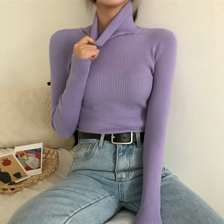 Pull chaud à manches longues et col haut pour femme