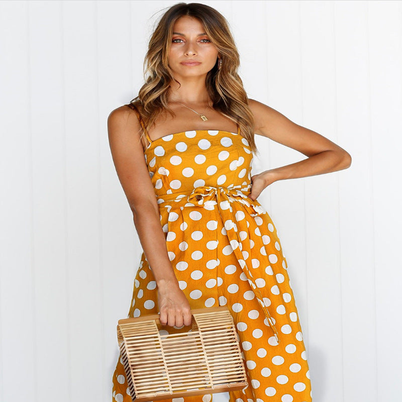 Sleeveless strapless polka dot long jumpsuit